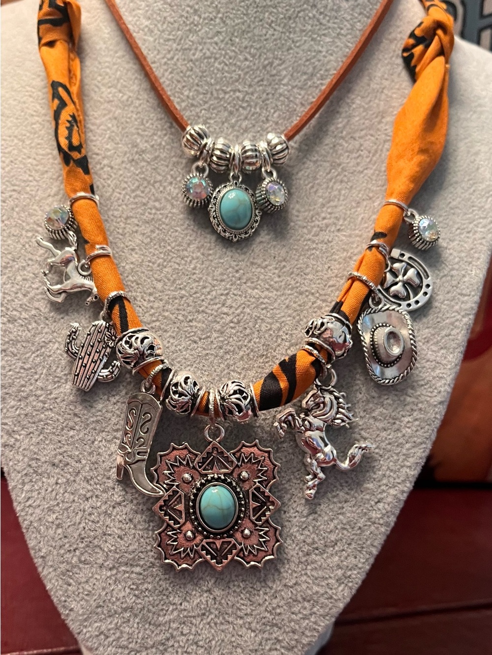 Turquoise Pendant Layered Necklace - Terracotta Silver Charm Statement - Picture 3 of 7